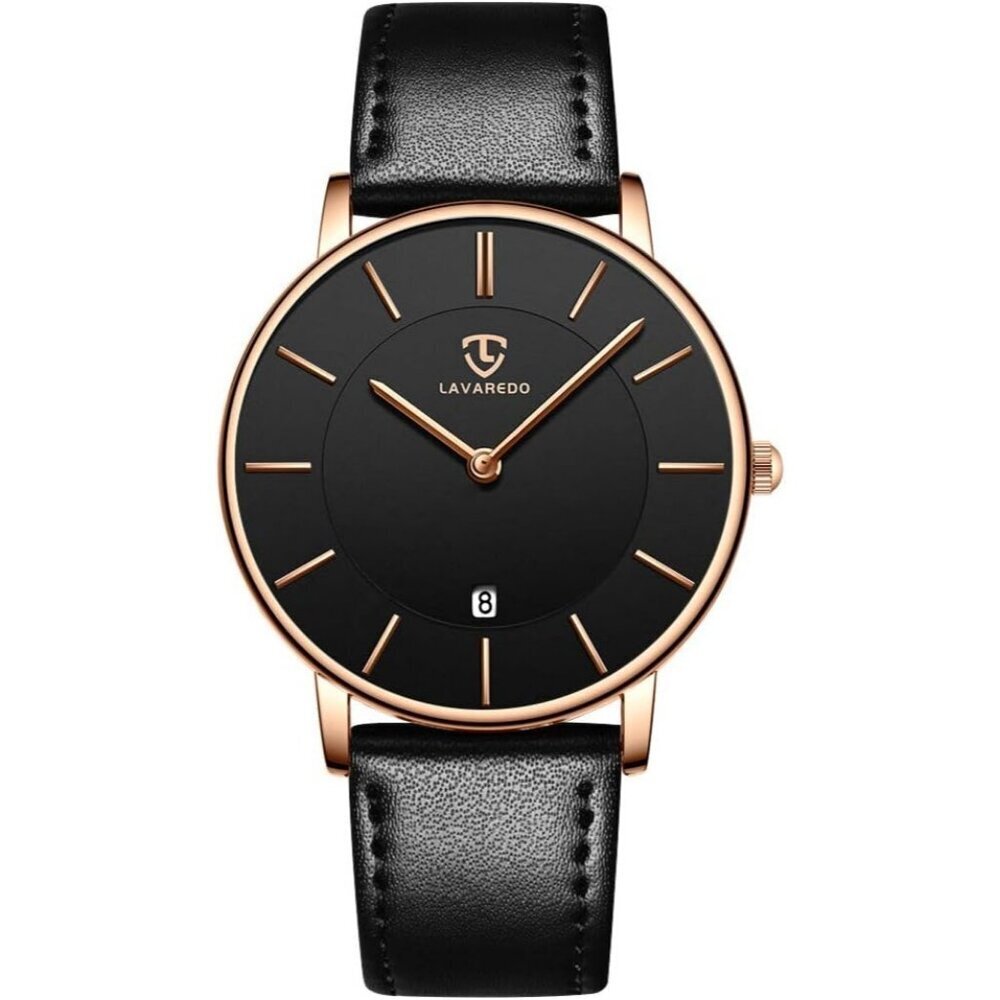 Men's Black Leather Strap Analog Minimalist Simple Comfort Buckle Wrist Watch